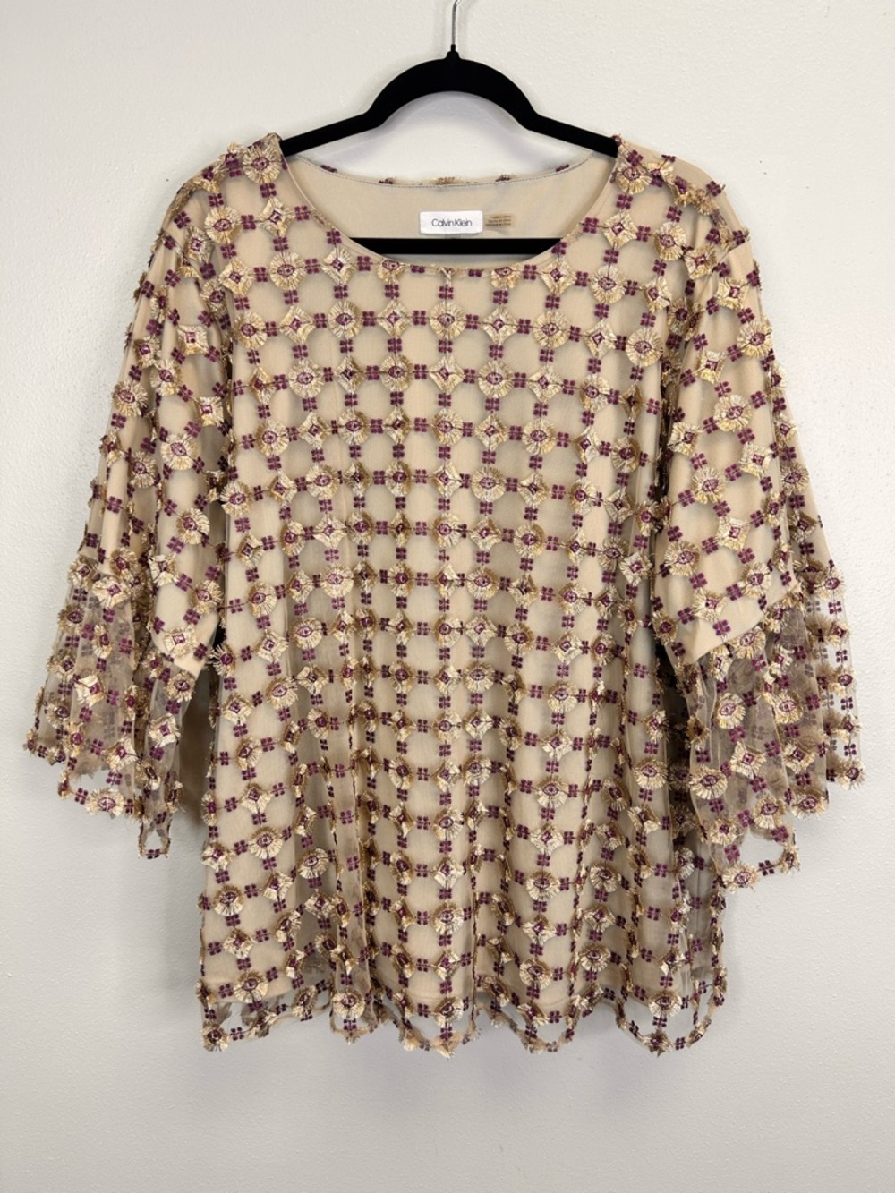 Calvin Klein Gold Beige Embellished Floral Mesh Top Size 3X Artsy Boho Eclectic